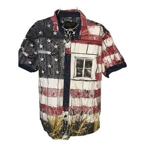 Heritage America Denim Distillery Button Up Shirt Mens 2X American Flag Print